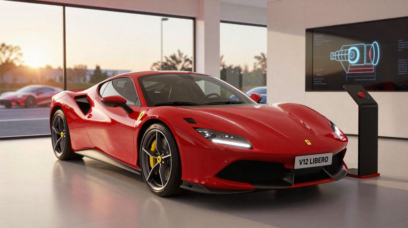 Voiture de sport rouge Ferrari V12 Libero exposée dans une salle moderne avec vue extérieure au coucher du soleil.