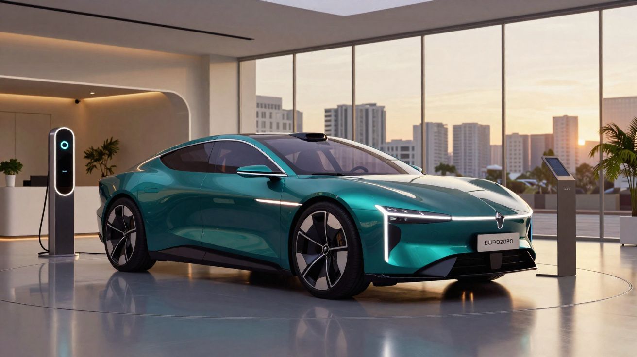 Voiture électrique sportive verte brillant dans un showroom moderne avec une borne de recharge à côté.