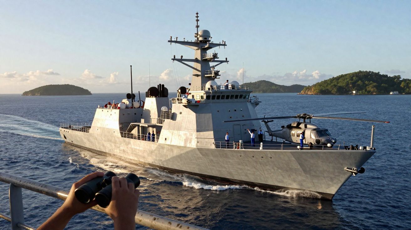 Navire militaire gris avec hélicoptère sur le pont naviguant près d'îles en mer calme au coucher du soleil.