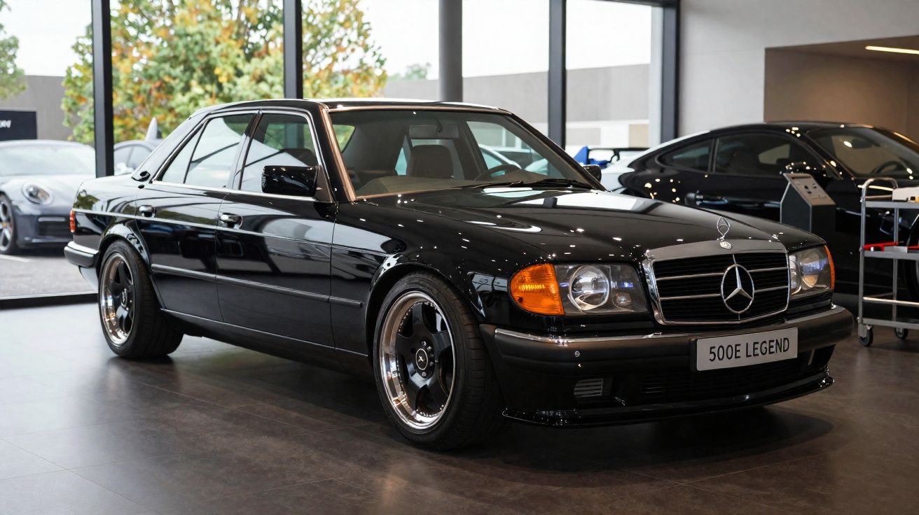 Voiture noire Mercedes 500E Legend exposée dans un showroom moderne avec grandes vitres.
