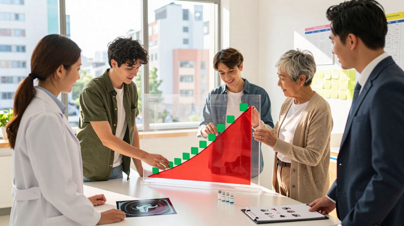 Groupe de personnes discutant d'un graphique de croissance en réunion dans un bureau lumineux.