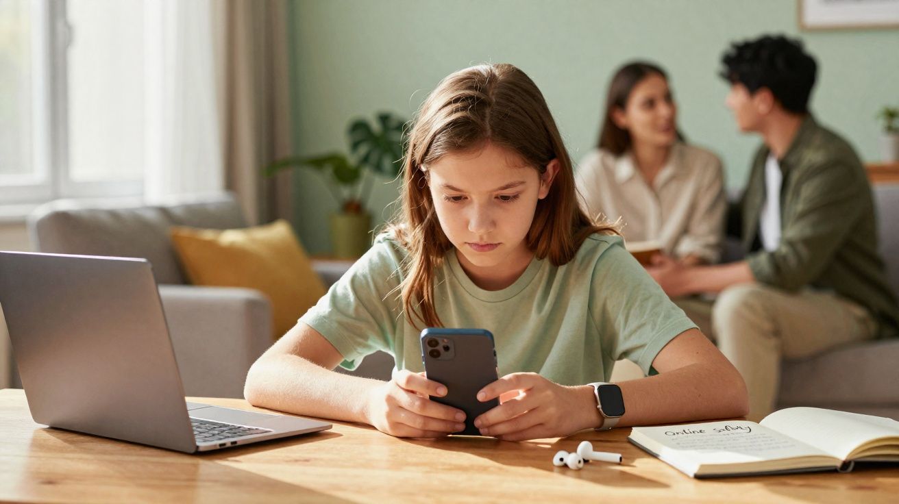 Jeune fille concentrée sur son téléphone, ordinateur portable et livre ouverts sur une table, parents en arrière-plan.