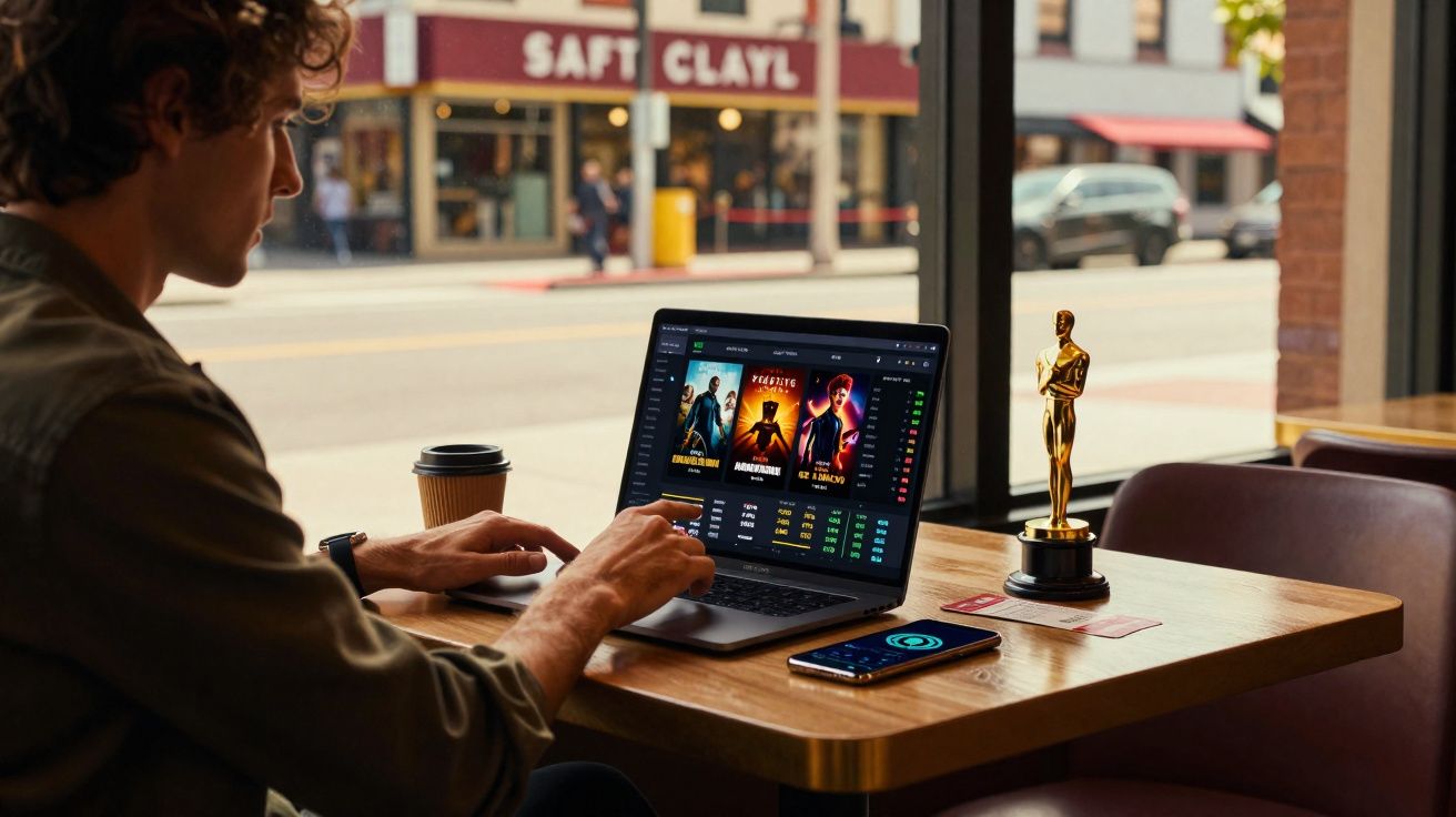 Un homme utilise un ordinateur portable dans un café, avec une statuette dorée et un téléphone sur la table.