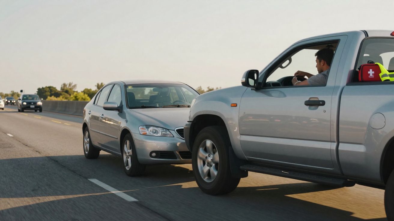 Voiture grise empiétant sur la voie d'un pickup gris sur une autoroute en plein jour.