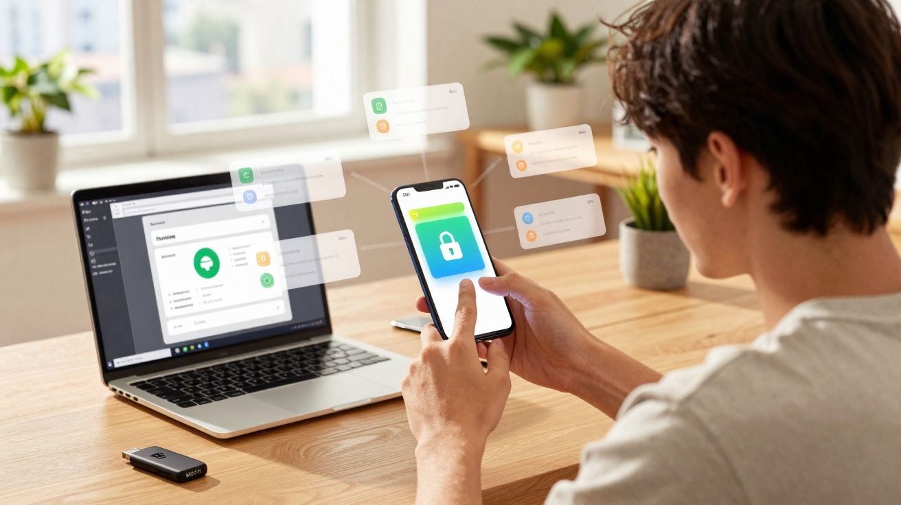Personne utilisant un smartphone avec un écran de sécurité devant un ordinateur portable sur un bureau en bois.
