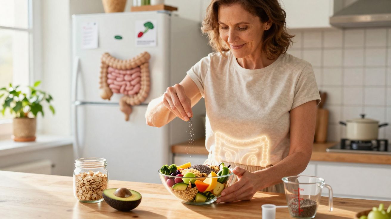 Femme préparant une salade saine dans une cuisine avec un dessin d'intestin lumineux sur son ventre.