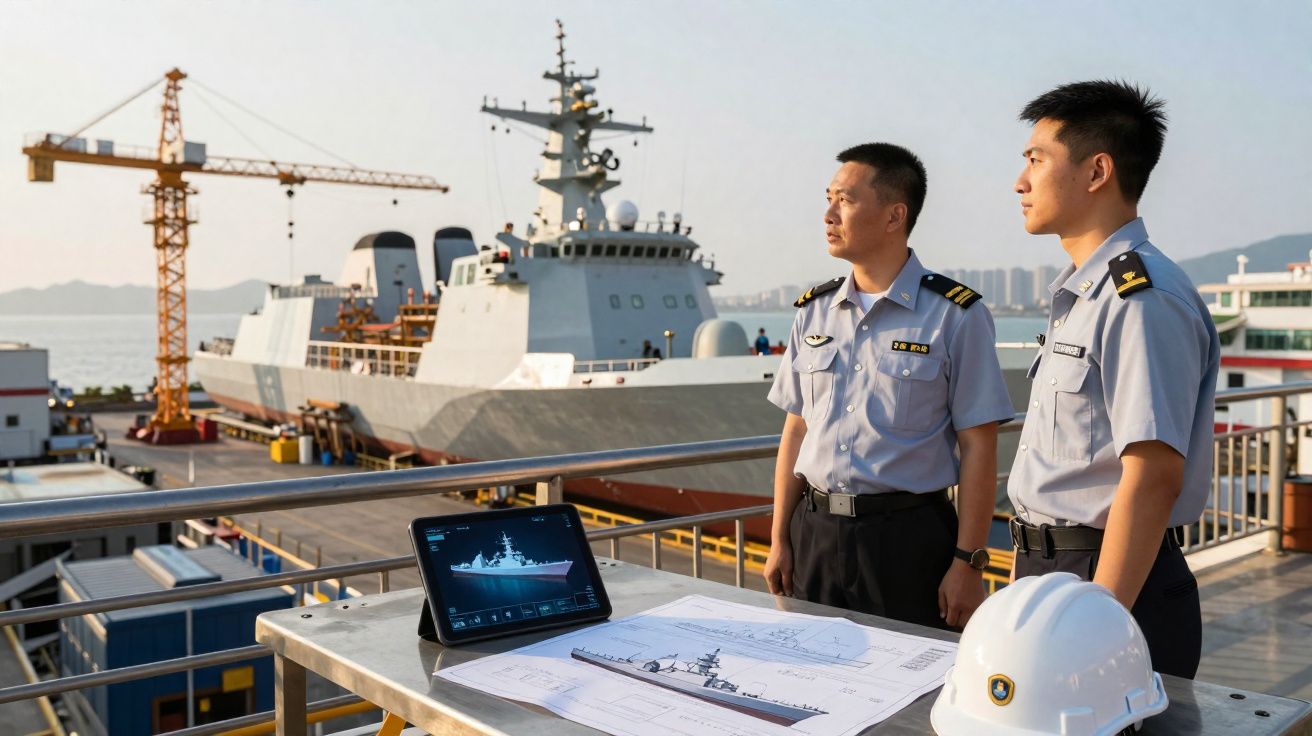 Deux officiers de marine observent un navire de guerre en construction dans un chantier naval au coucher du soleil.