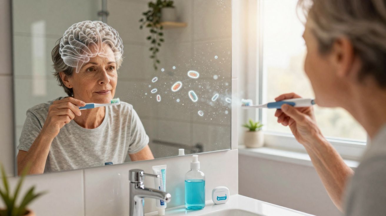 Femme se brossant les dents devant un miroir avec représentation de cerveau et microbes en surimpression.