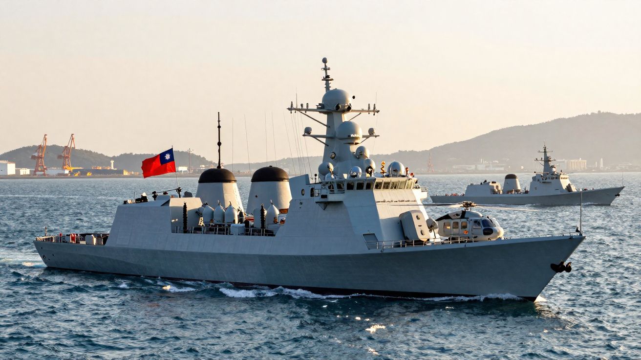 Deux navires militaires en mer avec un drapeau de Taïwan à bord, montagnes en arrière-plan.