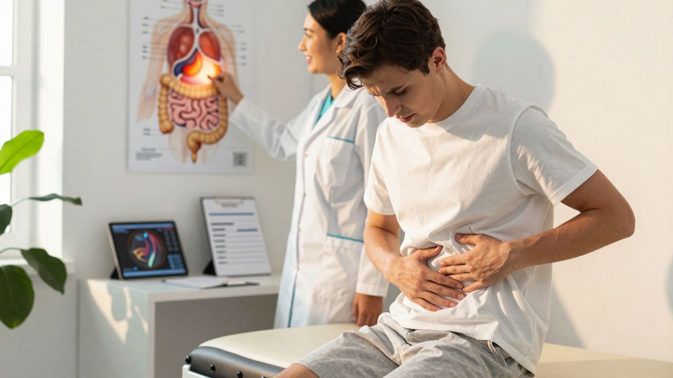 Jeune homme souffrant de douleurs abdominales en consultation médicale avec une femme médecin expliquant l'appareil digestif.