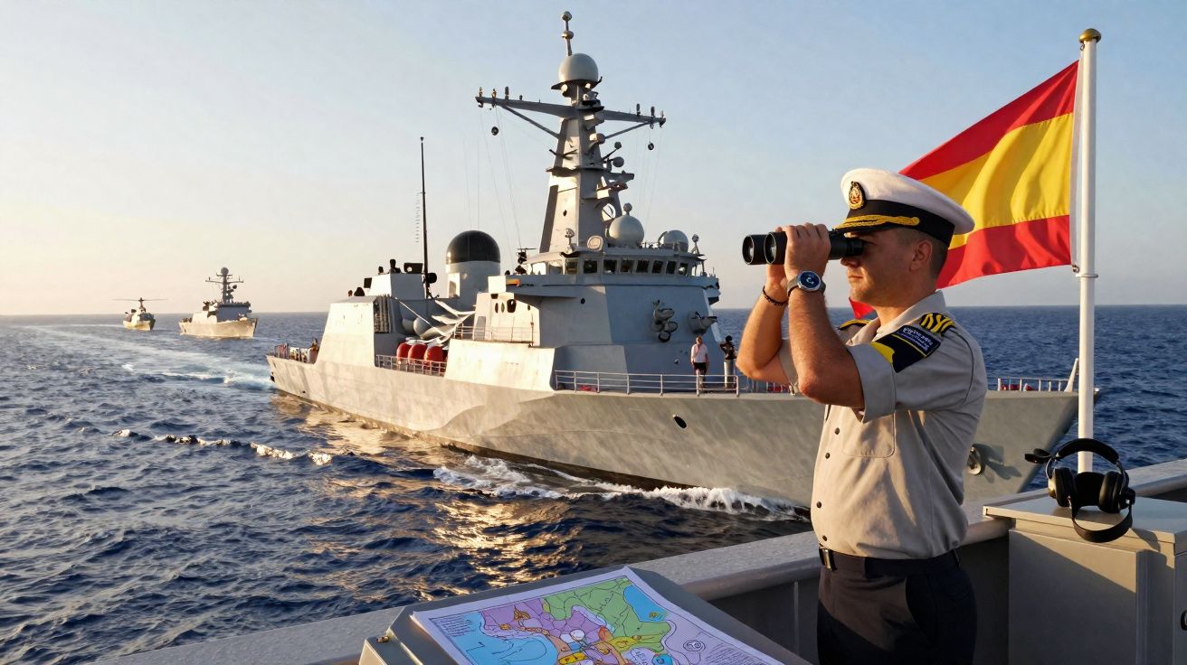 Militaire espagnol en uniforme observant la mer aux jumelles sur un navire de guerre avec drapeau espagnol.