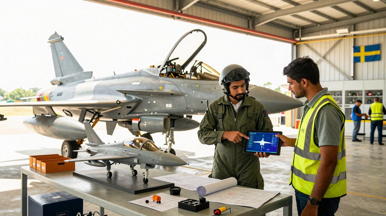 Deux hommes discutent dans un hangar devant un avion de chasse et une maquette sur une table avec des plans techniques.