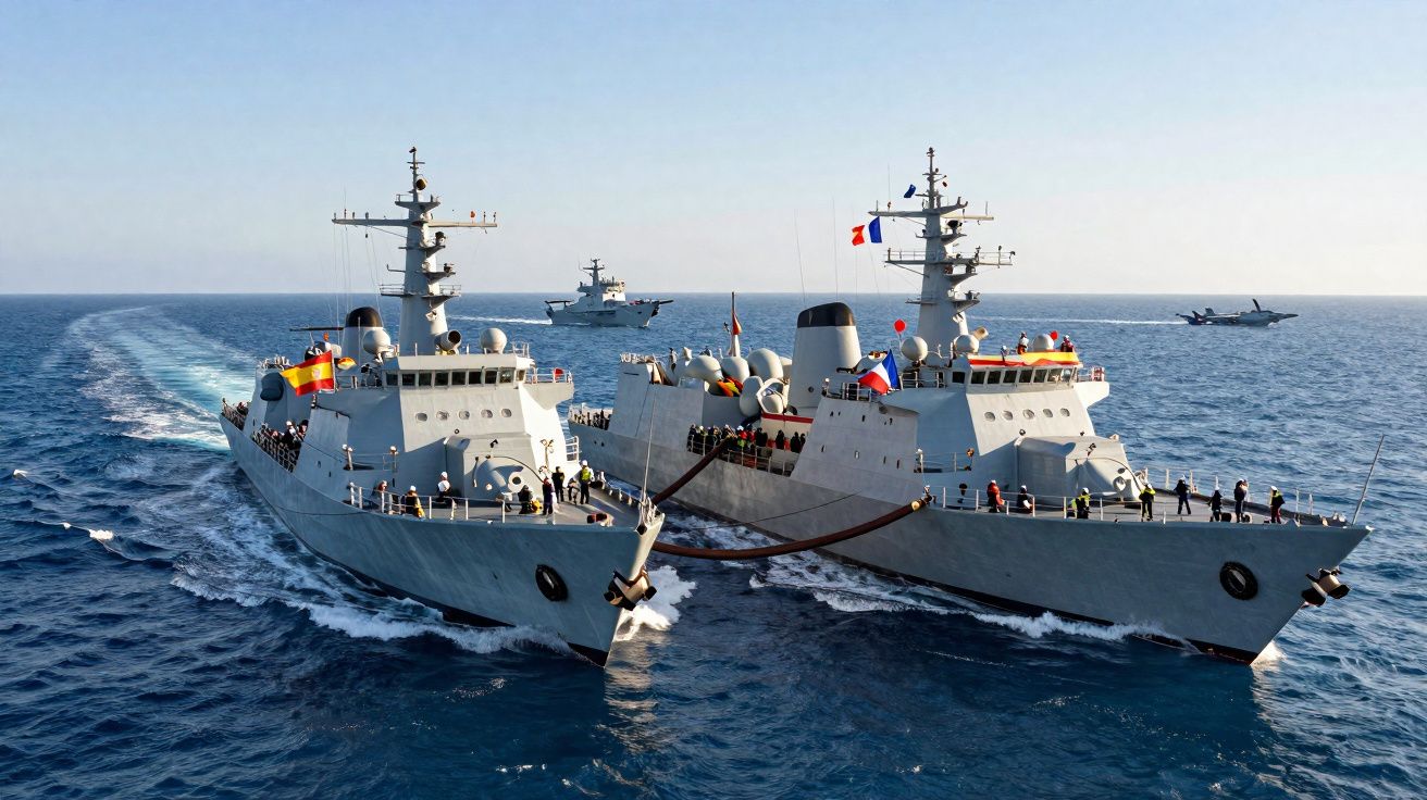 Deux navires militaires en mer reliés par un câble, avec plusieurs marins sur le pont sous un ciel clair.