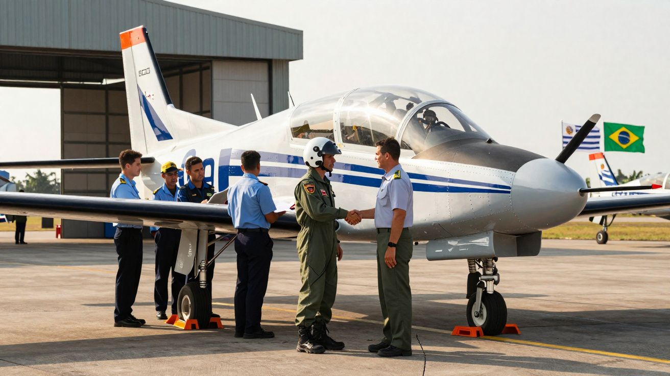 Des militaires échangent une poignée de main devant un avion d'entraînement blanc sur un tarmac.