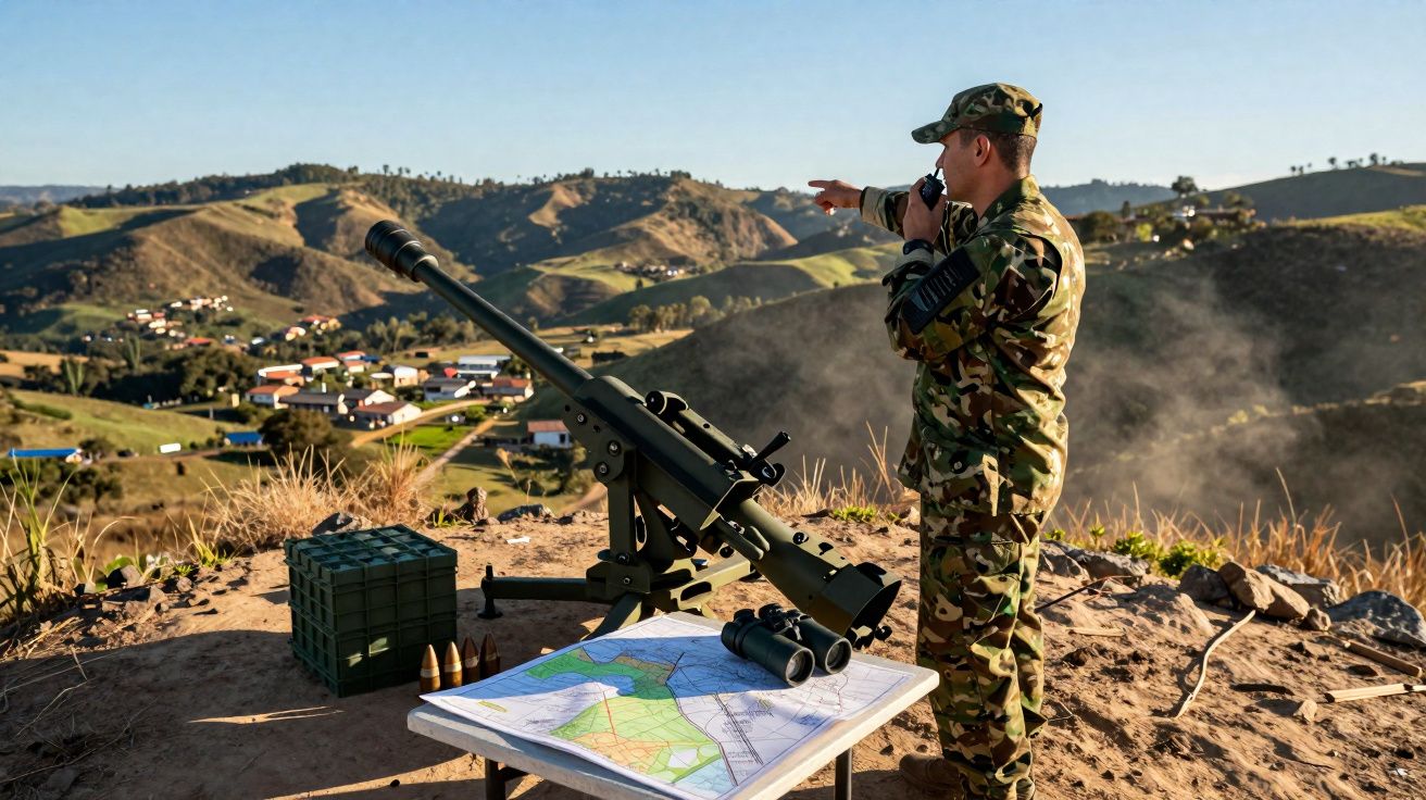 Soldat en tenue camouflage utilisant une radio près d'un canon et d'une carte en terrain montagneux.