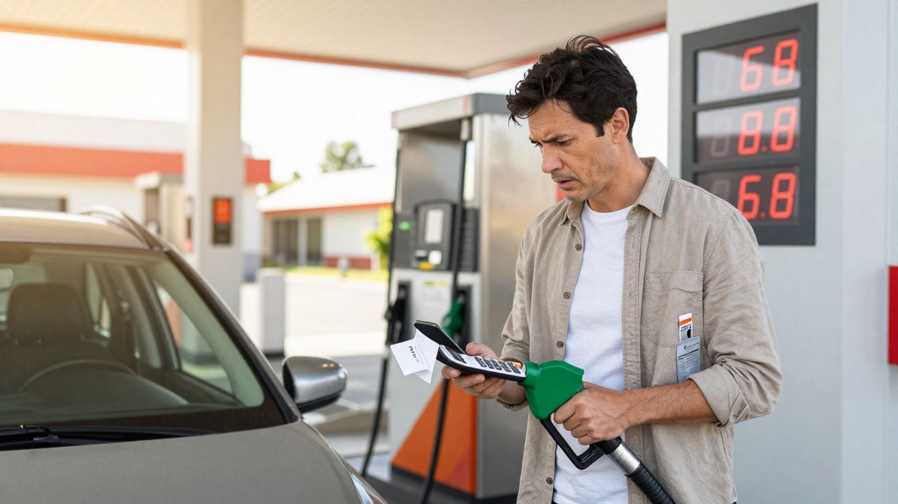 Homme à la station-service consultant un reçu tout en tenant une pompe à essence verte près de sa voiture grise.