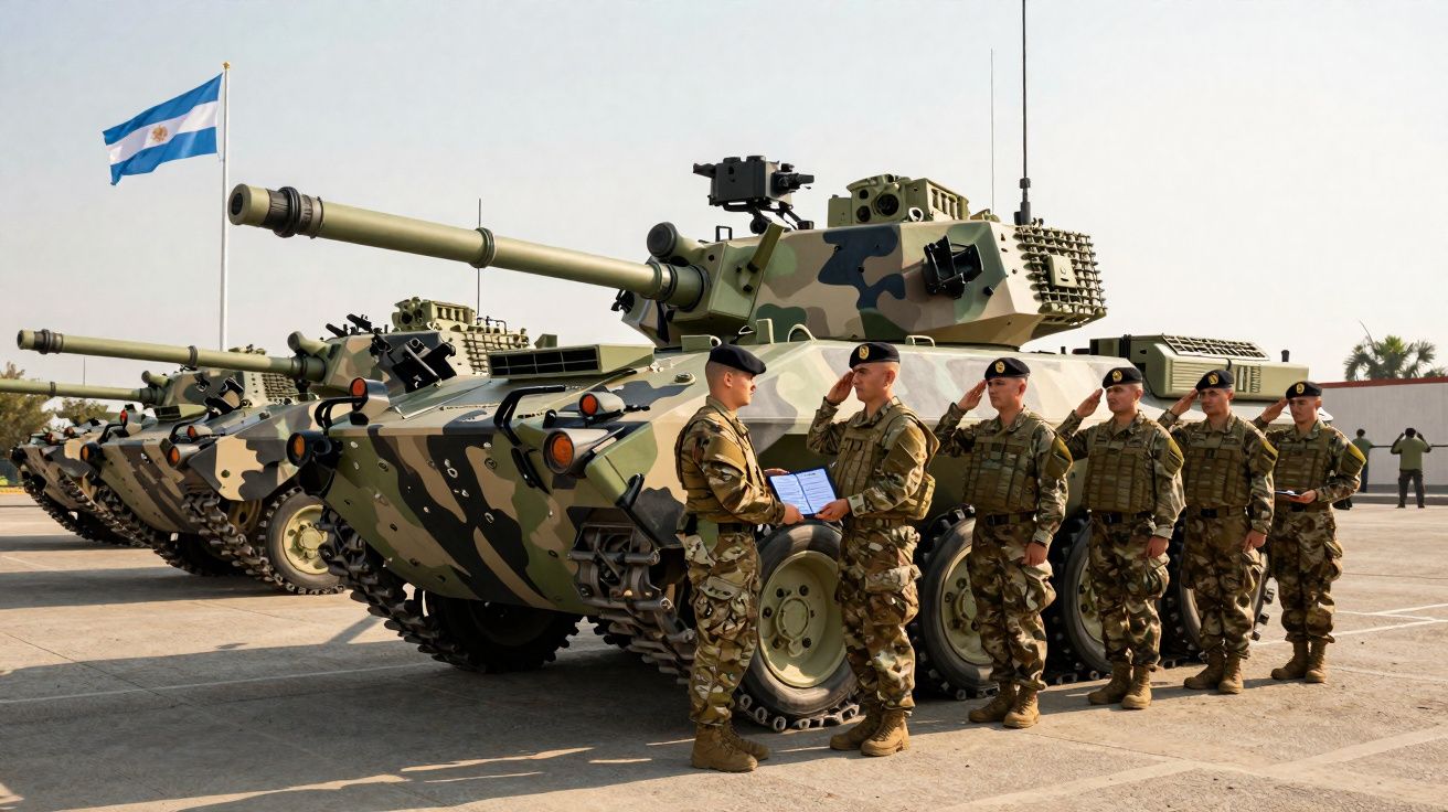 Soldats en tenue militaire en formation devant des chars camouflés avec le drapeau argentin en arrière-plan.
