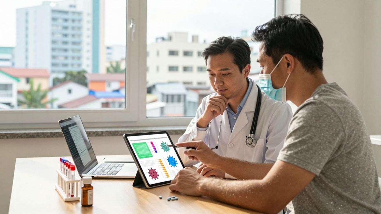Médecin et patient discutant de résultats médicaux affichés sur une tablette dans un bureau lumineux.
