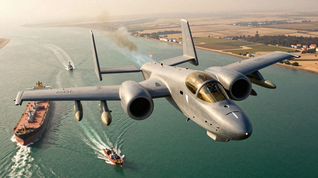 Avion militaire volant au-dessus d'un canal avec plusieurs navires naviguant dans l'eau en dessous.