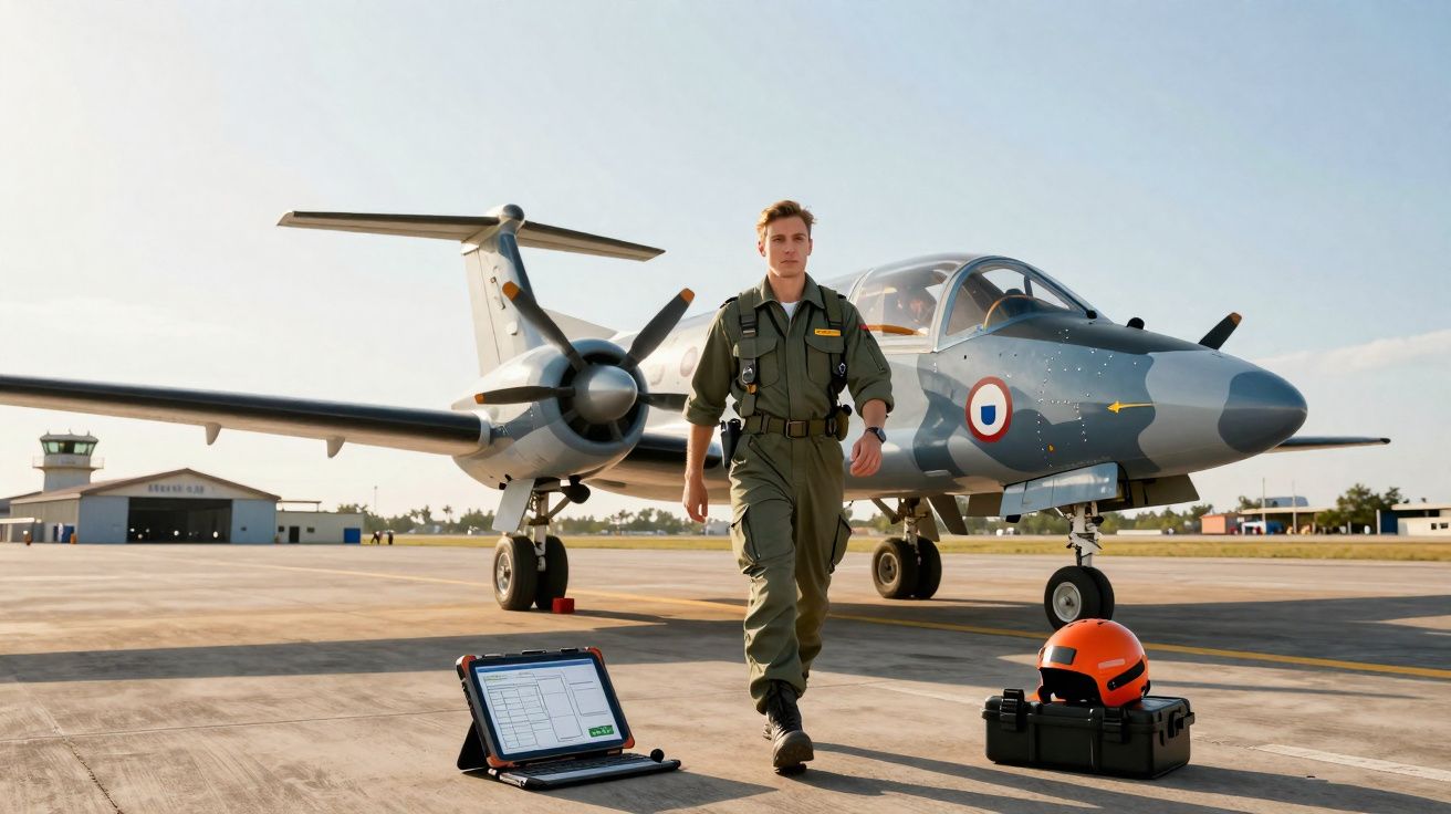 Pilote militaire en tenue marchant vers l'avant, avion de chasse et équipements au sol sur piste d'aéroport.