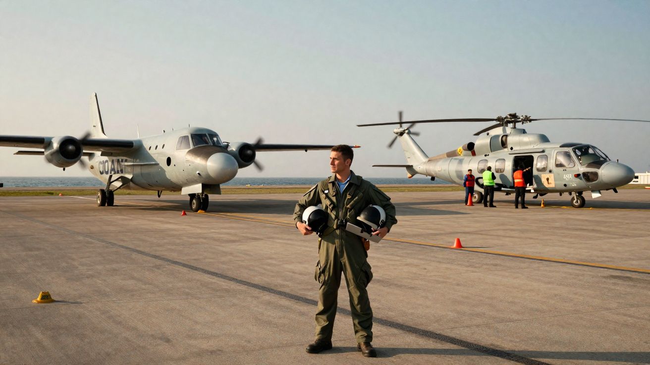 Un pilote en combinaison de vol tenant des casques, debout sur un tarmac avec un avion et un hélicoptère militaires.