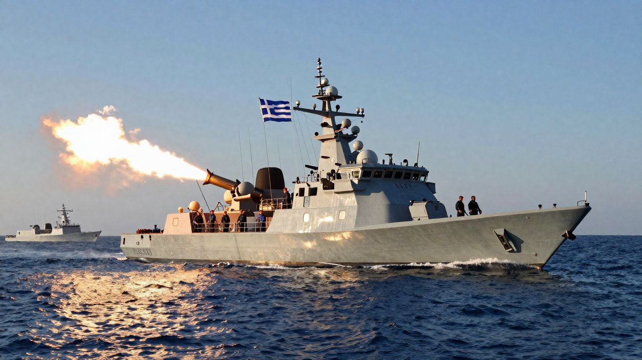 Navire militaire grec tirant un missile en mer sous un ciel clair.