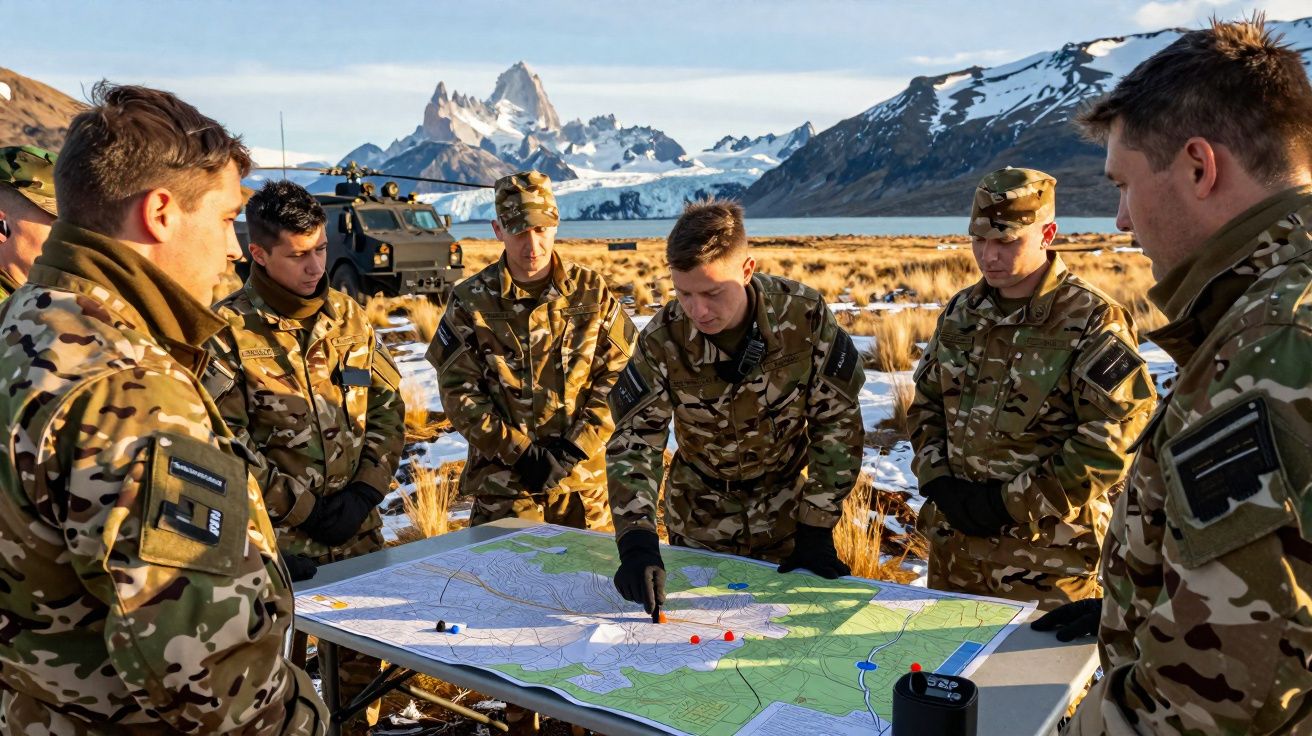 Soldats en tenue militaire planifiant une opération sur une carte en plein air avec montagnes enneigées en arrière-plan.