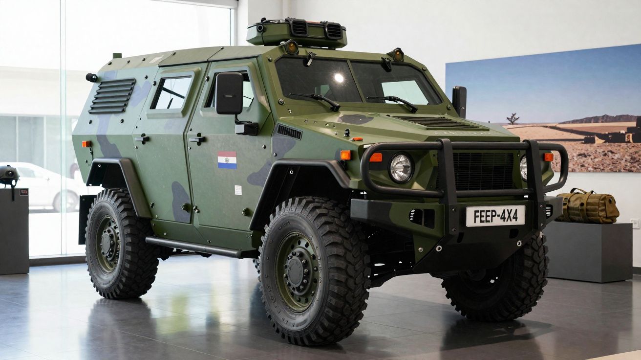 Véhicule militaire blindé vert olive avec pneus tout-terrain exposé dans un showroom lumineux.