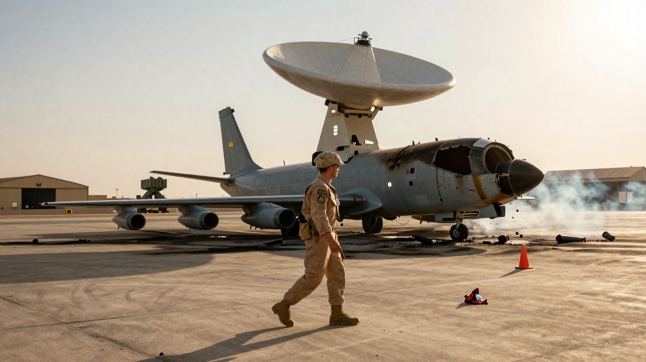 Militaire marchant près d'un avion militaire avec un grand radar parabolique au sol en plein jour.
