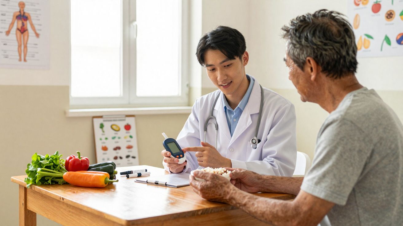 Médecin expliquant l'utilisation d'un glucomètre à un patient âgé dans un cabinet avec légumes sur la table.