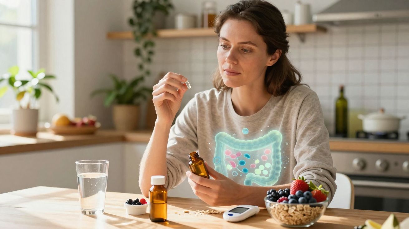 Femme prenant un complément alimentaire avec visualisation holographique des intestins dans une cuisine lumineuse.
