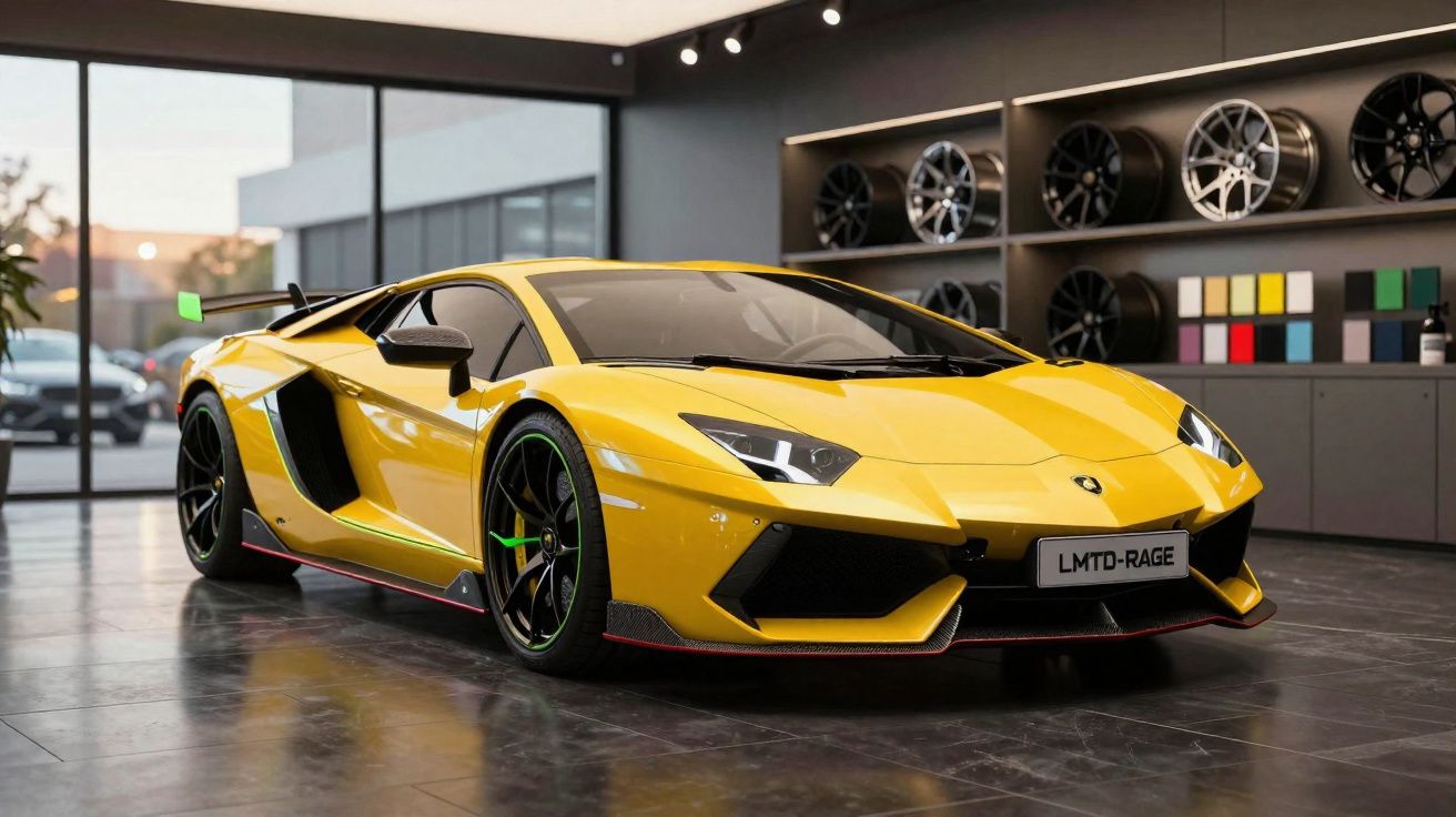 Voiture de sport jaune Lamborghini stationnée dans un showroom avec jantes exposées en arrière-plan.