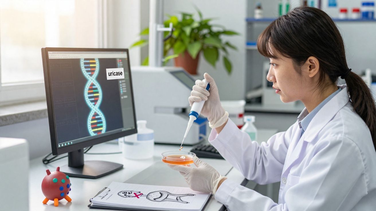Chercheuse asiatique en blouse blanche manipulant une pipette et une boîte de pétri devant un écran affichant une double héli