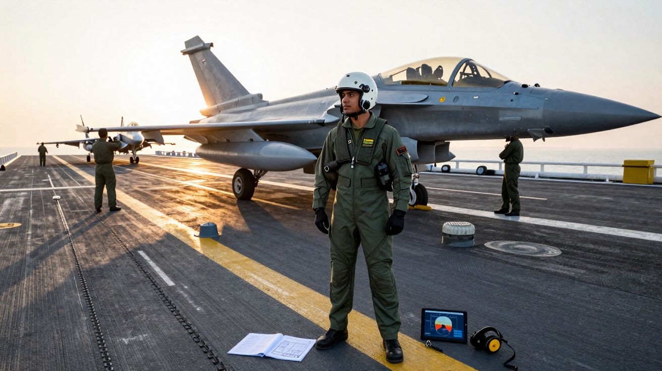 Militaire en tenue de vol et casque devant un avion de chasse sur le pont d’un porte-avions au coucher du soleil.