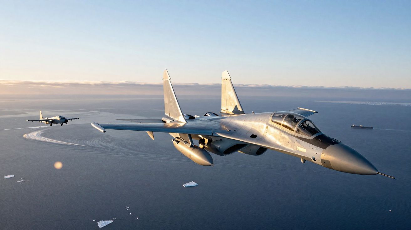 Deux avions de chasse militaires volant au-dessus de l'océan en fin d'après-midi.
