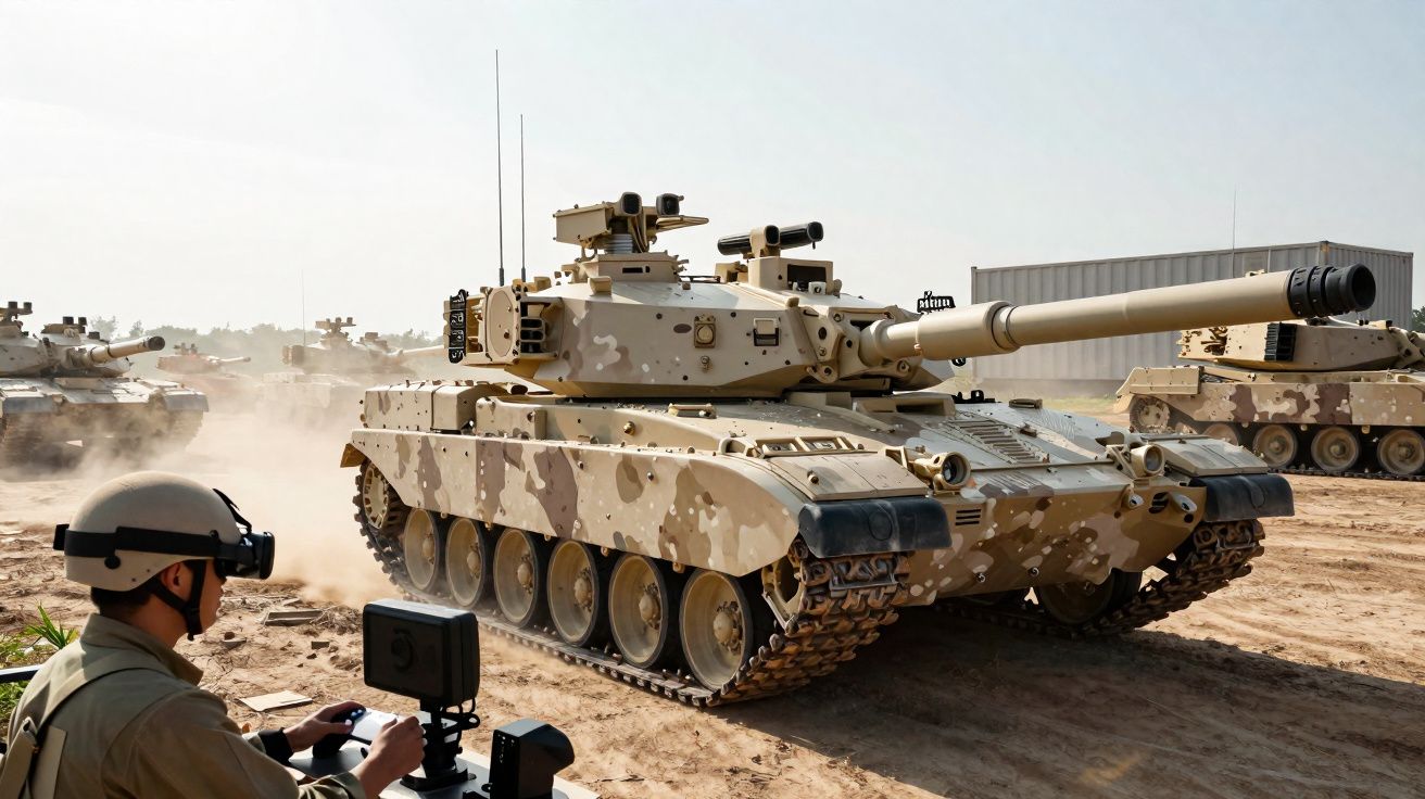 Char d'assaut à camouflage désertique roulant sur terrain sec avec un soldat en casque contrôlant à distance.