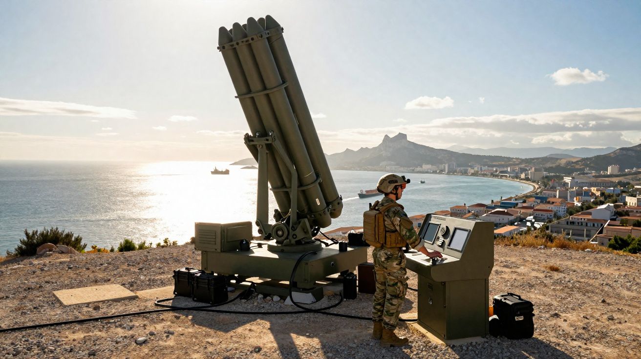 Soldat en tenue camouflée utilisant un système de défense côtière face à la mer avec ville et montagnes en arrière-plan.
