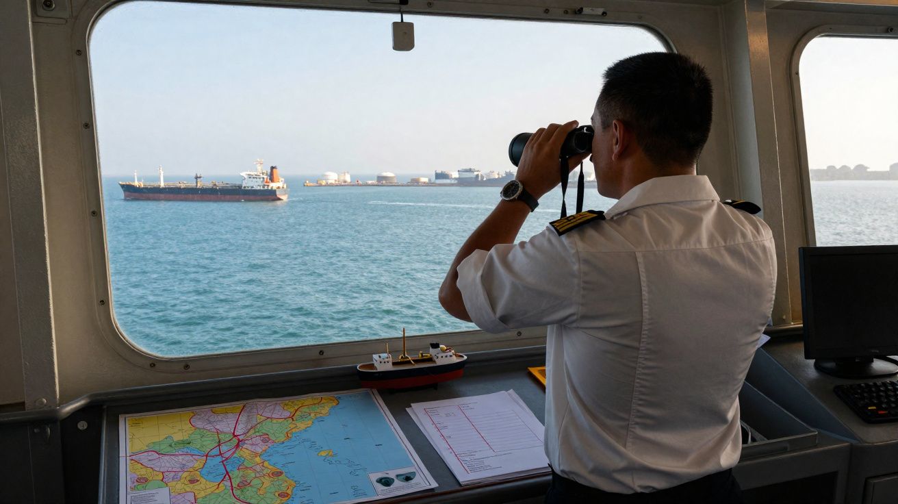 Officier de marine observant un cargo à la mer avec des jumelles depuis le poste de commandement d’un navire.