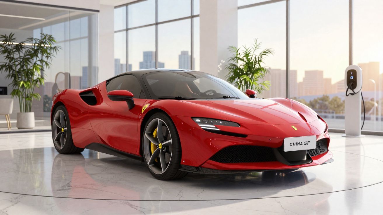 Voiture sportive rouge Ferrari stationnée dans un showroom lumineux avec bornes de recharge électrique.