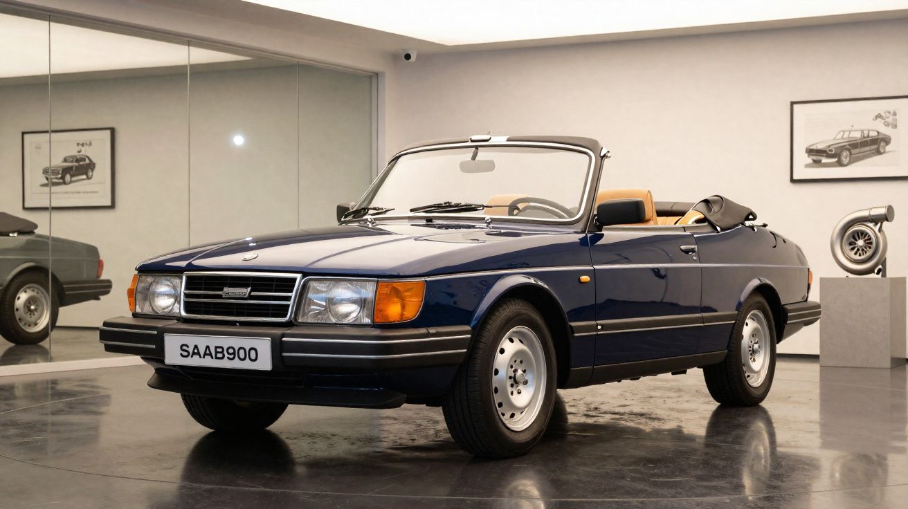 Voiture cabriolet Saab 900 bleue exposée dans un musée avec un intérieur beige et capote repliée.