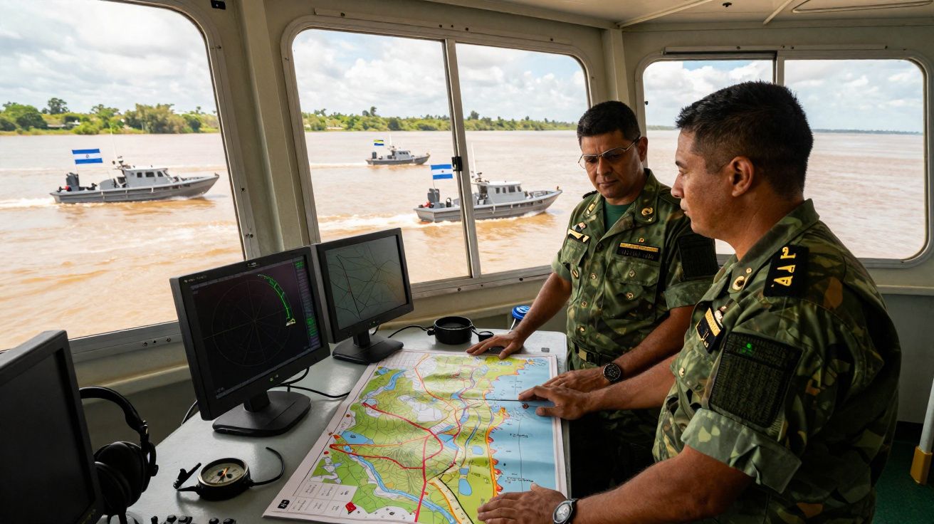Deux militaires en uniforme dans un poste de commandement maritime regardant une carte et la rivière avec plusieurs bateaux.
