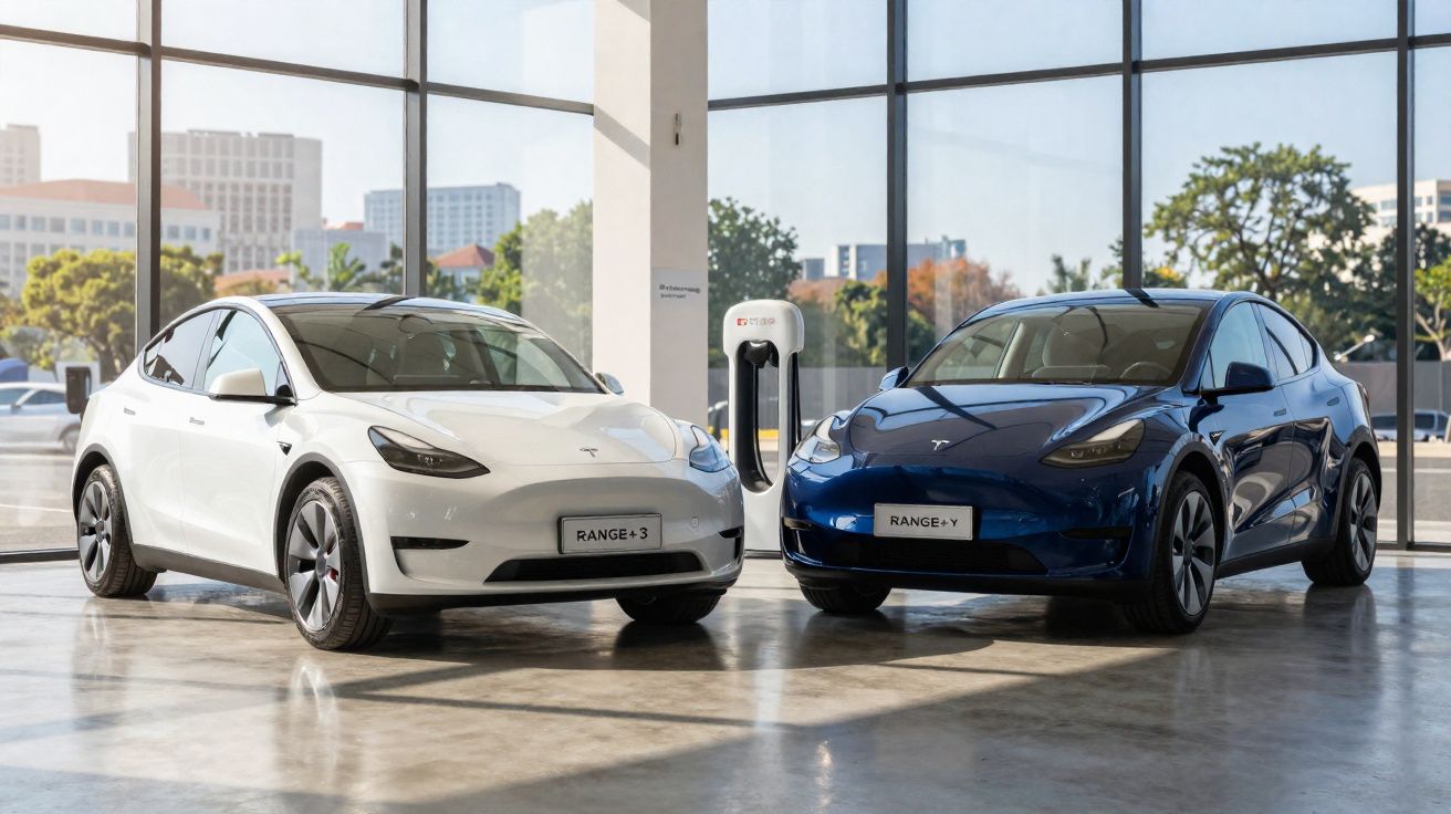 Deux voitures électriques Tesla, blanche et bleue, garées dans un showroom près d'une borne de recharge.