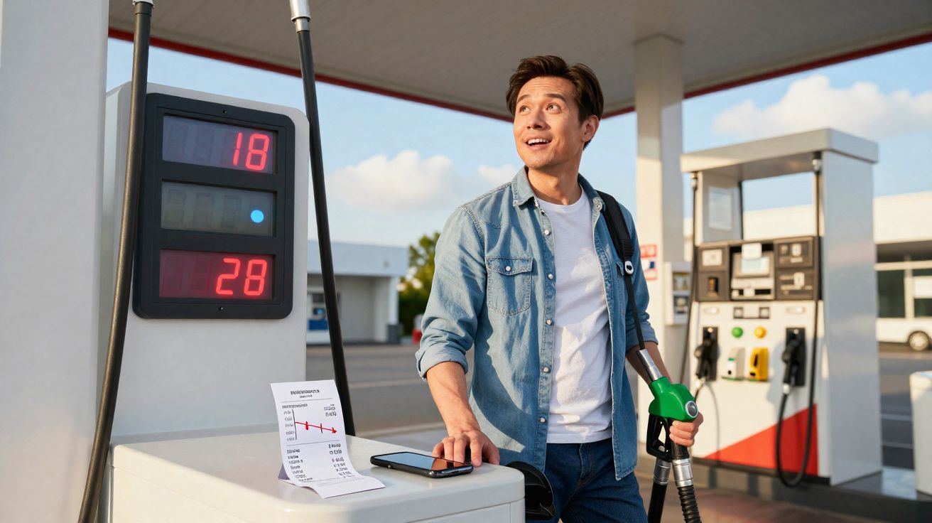 Homme souriant faisant le plein d'essence à une station-service avec ticket de caisse et téléphone posés.