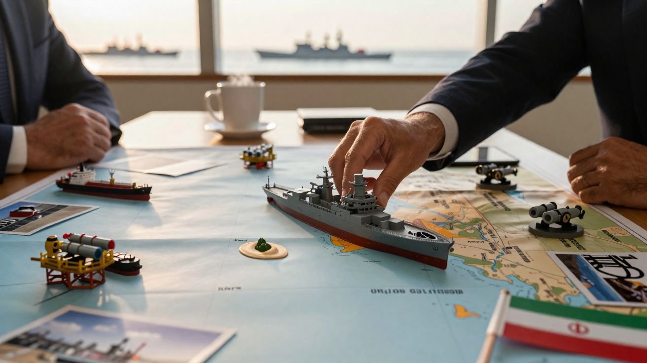 Deux hommes en costume manipulant des maquettes de navires sur une carte maritime en salle de réunion.