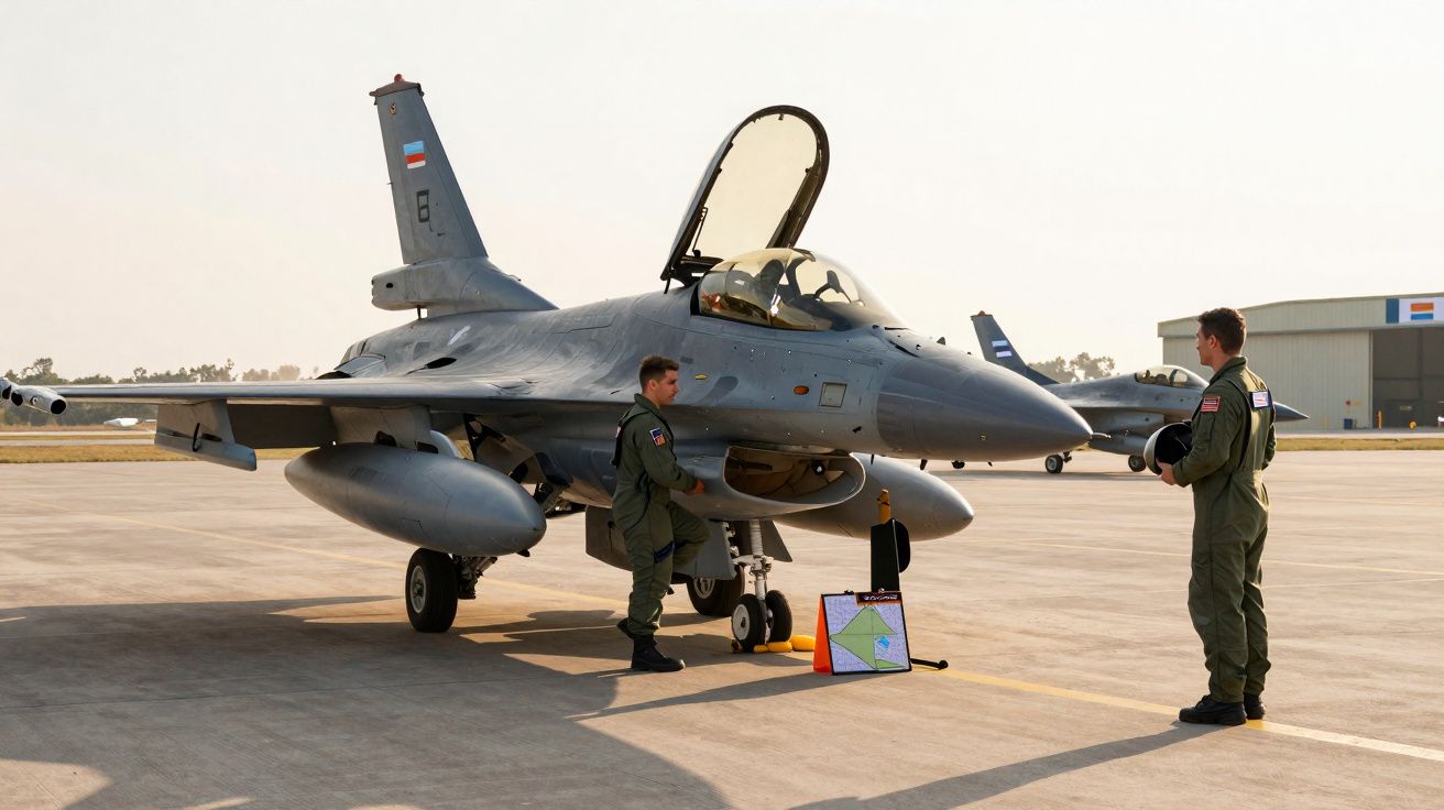Deux pilotes en tenue militaire discutent près d’un avion de chasse F-16 gris au sol sur une piste.
