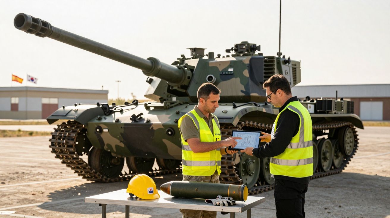 Deux hommes en gilets jaunes discutent devant un char d'assaut camouflé avec une bombe sur une table.