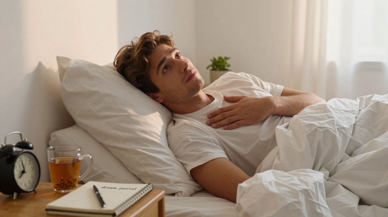 Jeune homme allongé dans son lit regardant pensivement vers le plafond, main sur la poitrine, matin calme.