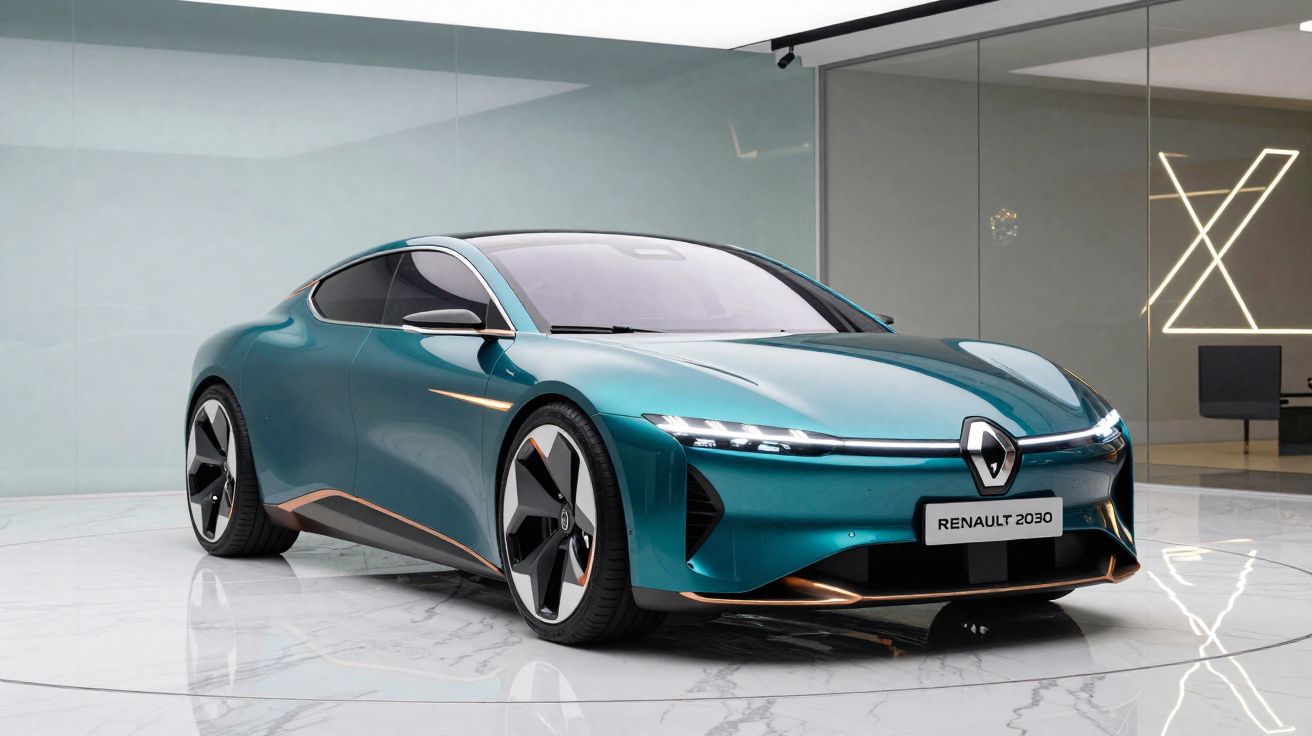 Voiture électrique Renault 2030 bleu métallisé au design futuriste exposée dans une salle moderne.