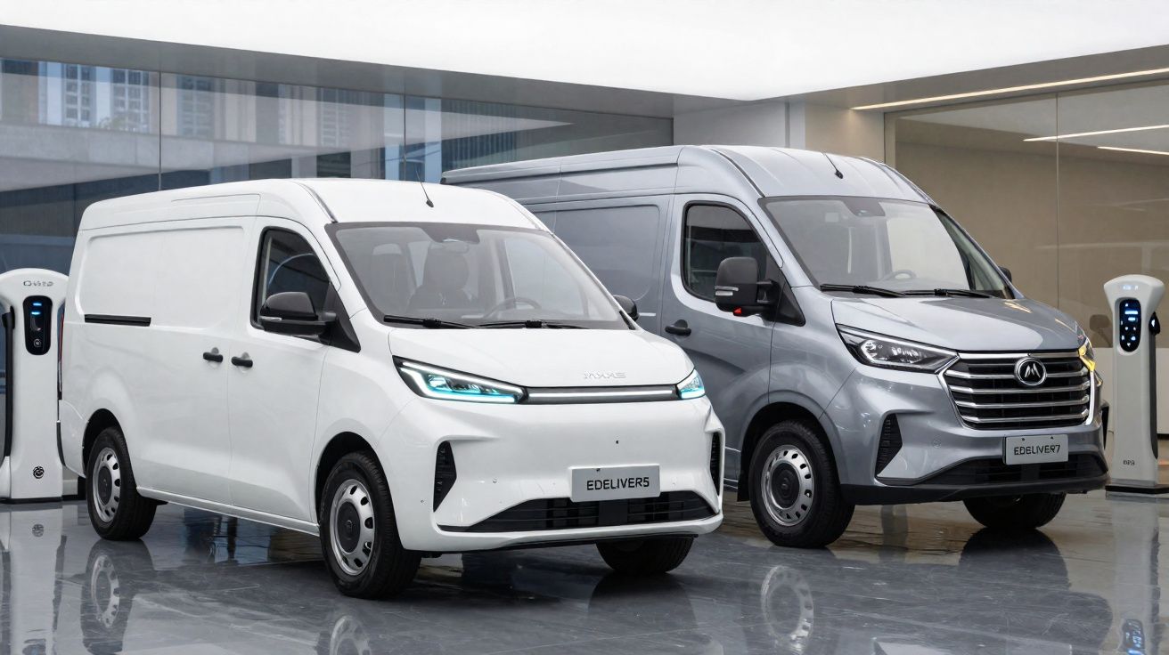 Deux camionnettes électriques blanches et grises stationnées près de bornes de recharge dans un showroom moderne.