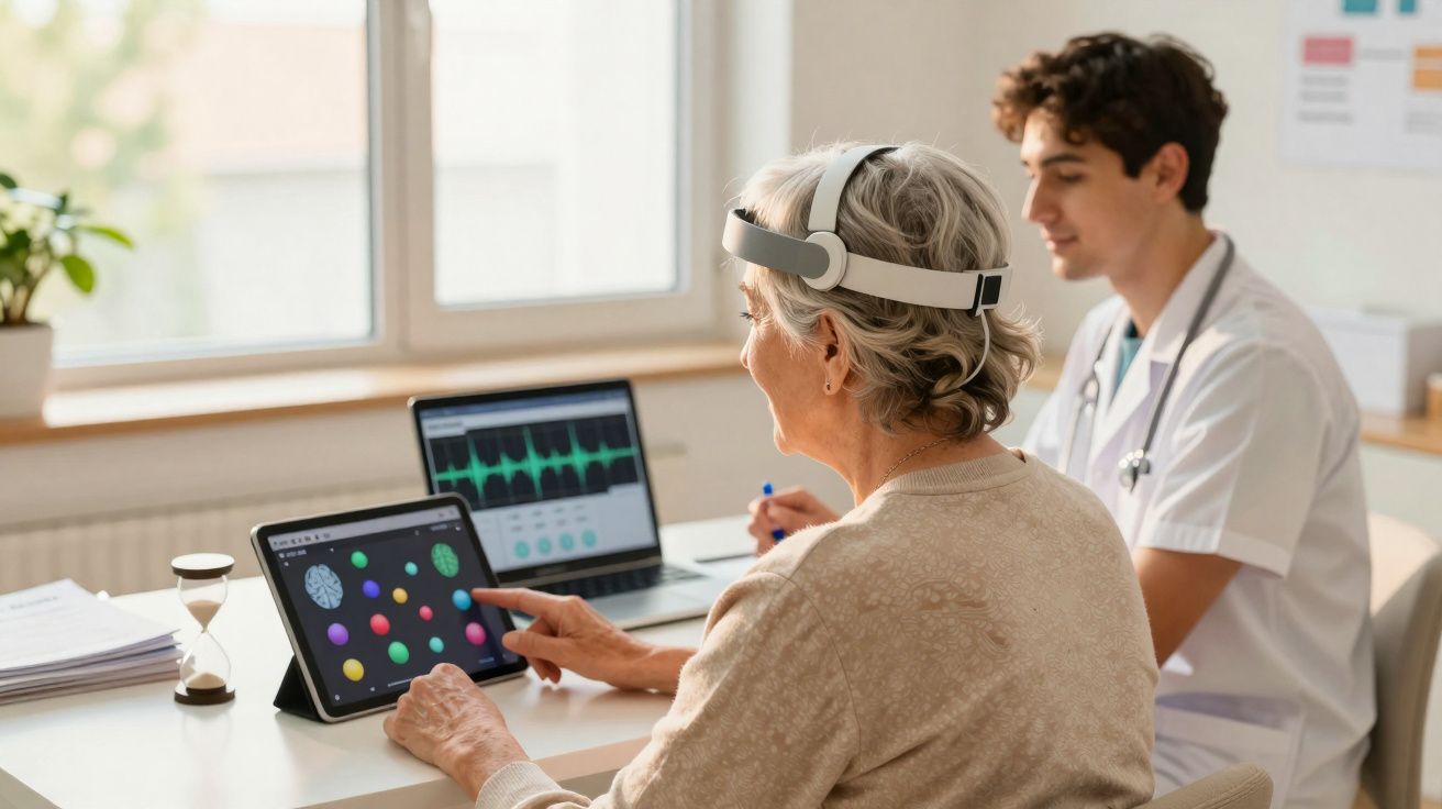 Une femme âgée utilise un casque EEG et une tablette, accompagnée d'un médecin observant les données.